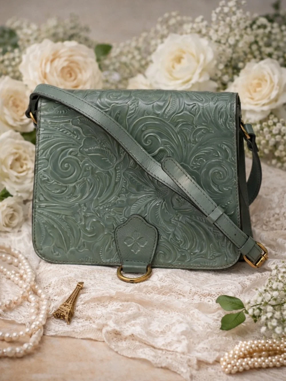 Patricia Nash Ilina Tooled Leather Flap Handbag  Sage Green Crossbody